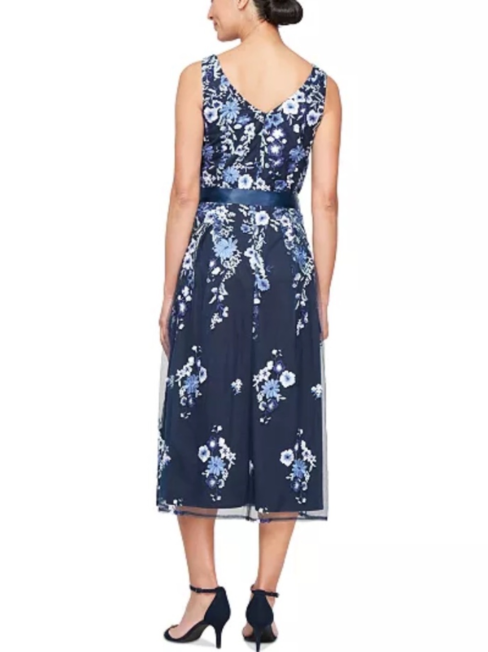 Alex Evenings Chiffon Dress 14 Navy Embroidered Floral Midi A-Line NWT $199 - Picture 2 of 9